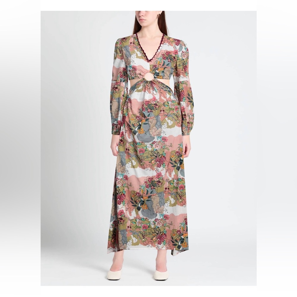 CONNOR & BLAKE Cotton Floral Multi-Color V-Neck Maxi Dress with Ring Detail